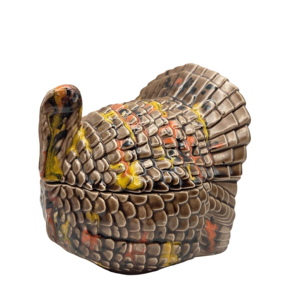 Vintage Ceramic Turkey Candy Dish w Lid Small Thanksgiving Fall Decor Trinket